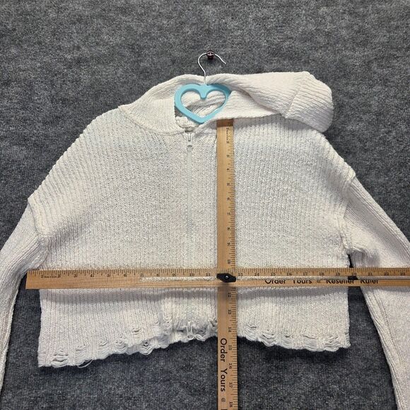 Moon & Madison Sweater Womens Large White Cropped Zip Hoodie Knit Distressed - Picture 7 of 11
